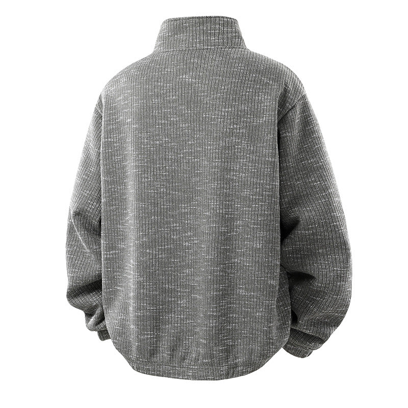Herren Oversize Strickoptik Half-Zip Pullover mit Stehkragen und Reißverschlusstaschen Drune