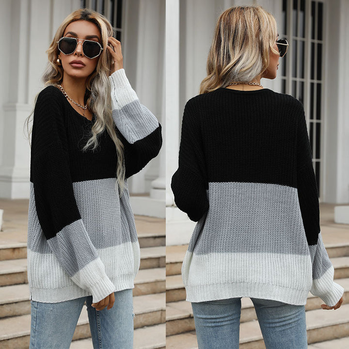 Damen Oversize-Feinstrickpullover mit breiten Blockstreifen und Rundhalsausschnitt Drune
