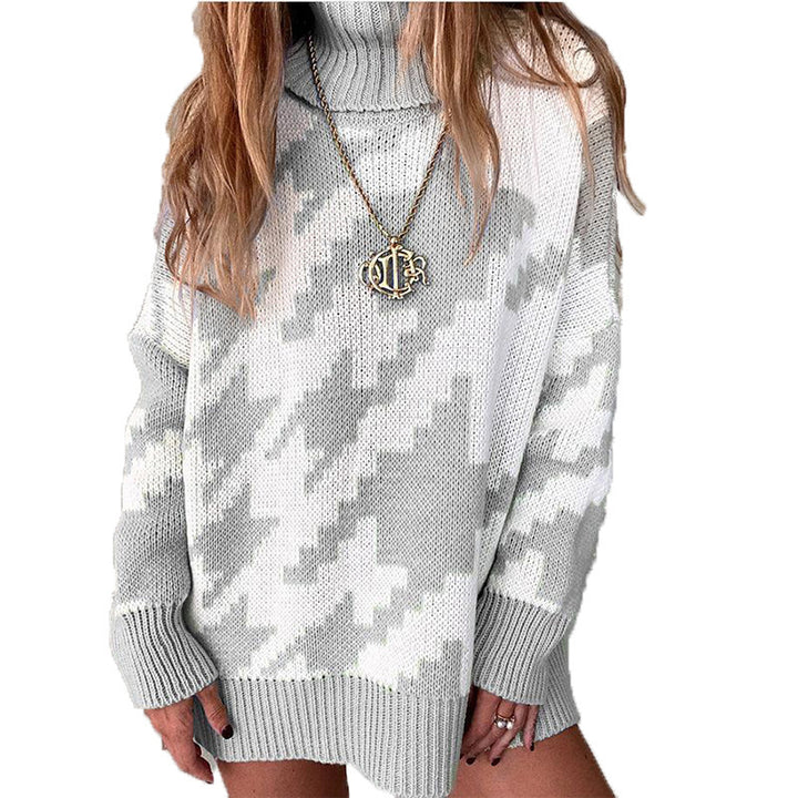 Damen Strickpullover mit hohem Kragen und modernem Zickzack-Muster Drune