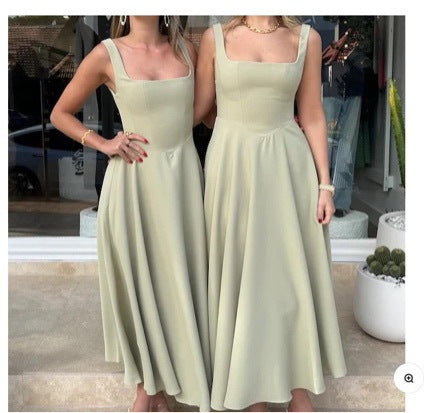 Damen Maxikleid mit quadratischen Ausschnitten und fließendem Rock Drune