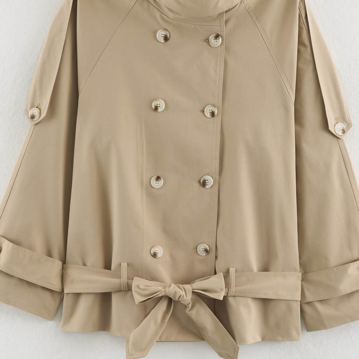 Damen Kurz geschnittener Cape-Trenchcoat mit Stehkragen und Taillengürtel Drune