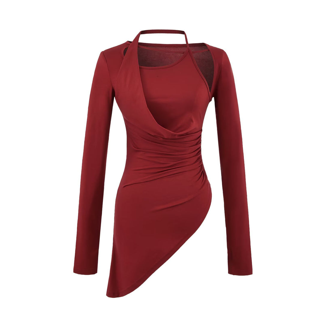 Damen Figurbetontes Langarm-Midikleid mit asymmetrischem Saum, Raffung und Neckholder Drune