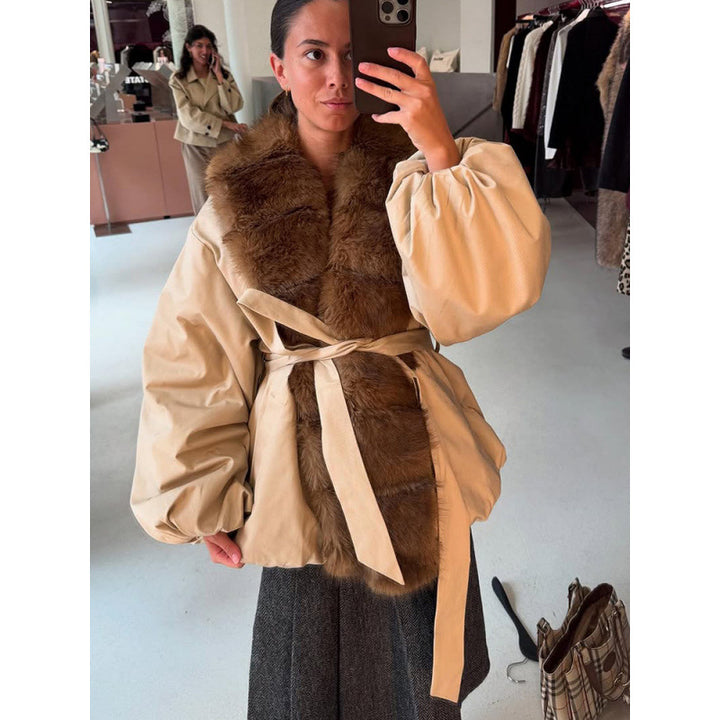 Damen Kurze Taillierte Jacke mit Fellkragen und Ballonärmeln Drune