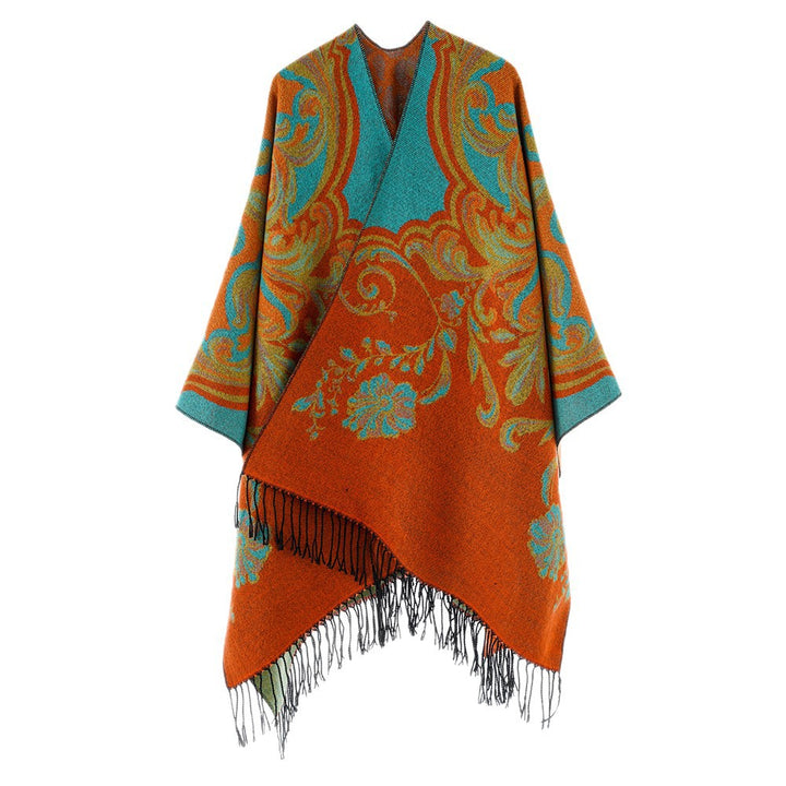 Damen Jacquard‑Poncho‑Überwurf im Barockmuster mit Fransen Drune