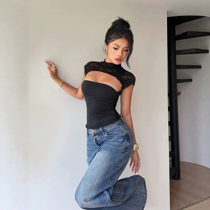 Damen Body mit Spitzenkragen und enganliegendem Schnitt Drune