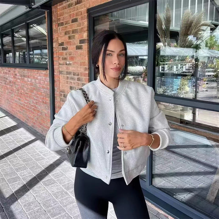 Damen Cropped Jacke mit modernem Stehkragen und Druckknopfverschluss Drune