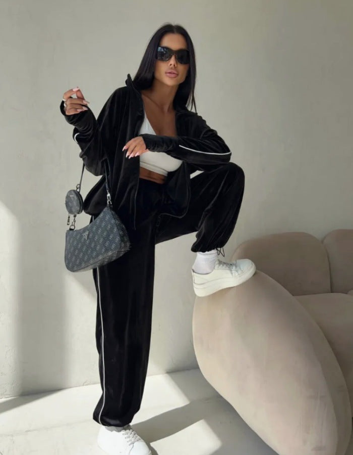 Damen eleganter Fleece-Trainingsanzug mit praktischen Taschen und elastischen Bündchen