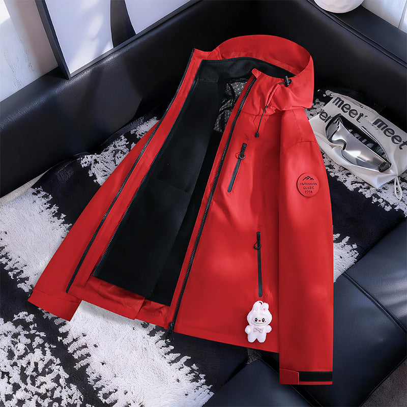 Damen Leichte wasserdichte Kapuzenjacke mit Teddy‑Charm und verdeckten Reißverschlusstaschen Drune