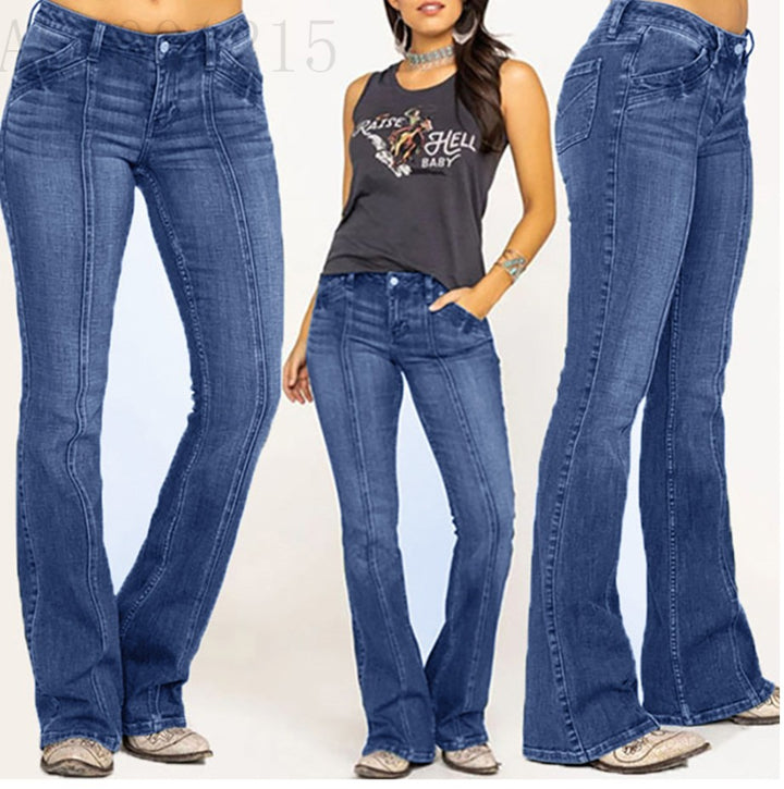 Damen nan weite Schlagjeans mit hochgeschnittener Taille, figurbetontem Hüftschnitt und elastischem Denim Drune