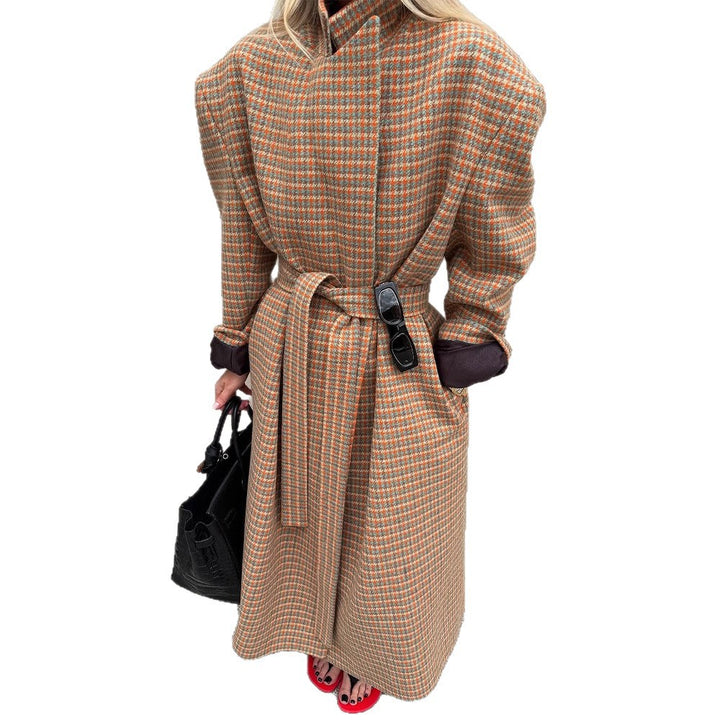 Damen Oversize Wollmantel mit Hahnentritt-Muster und Taillengürtel Drune