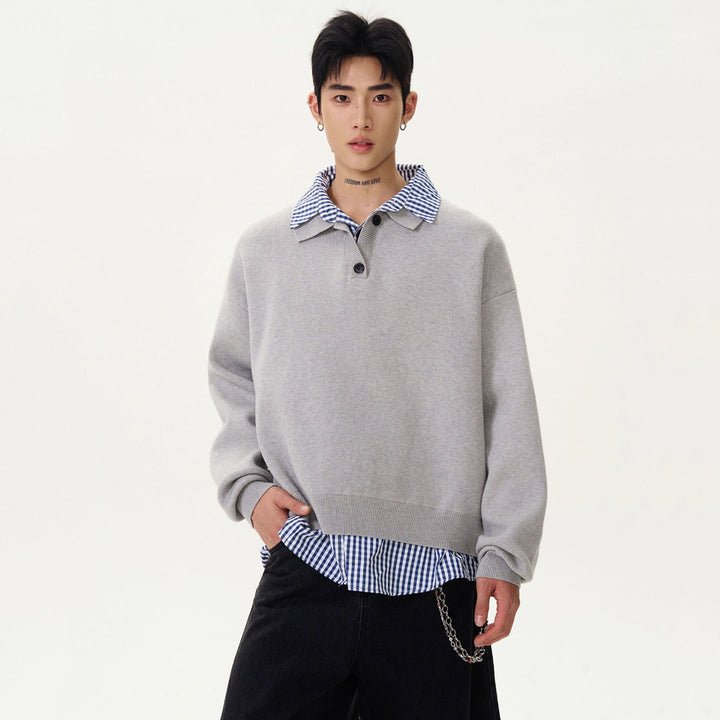 Herren Modischer Grobstrickpullover mit Hemdkragen und Knopfleiste Drune