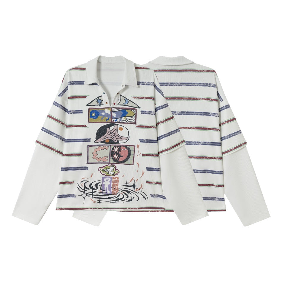 Damen Waffel-Polo-Shirt mit Grafik-Print, Streifen und halber Druckknopfleiste Drune