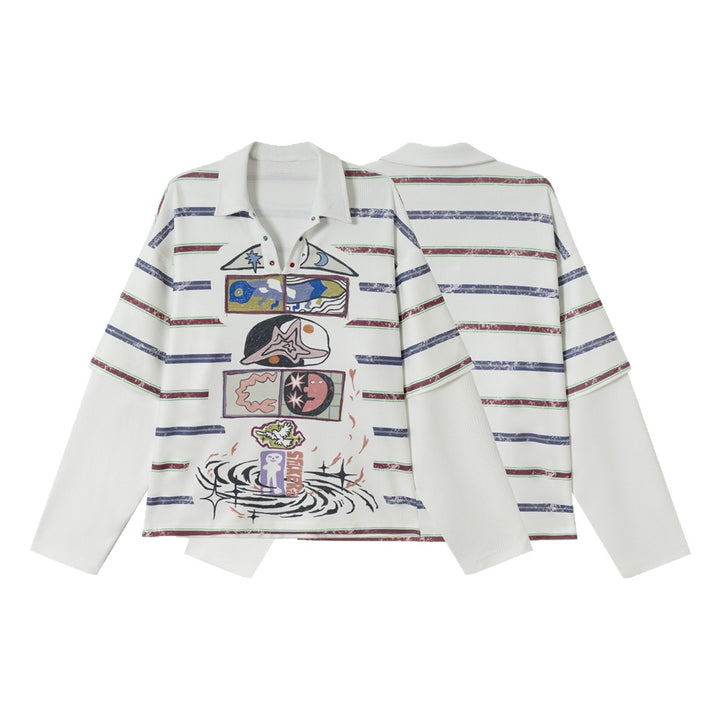 Damen Waffel-Polo-Shirt mit Grafik-Print, Streifen und halber Druckknopfleiste Drune