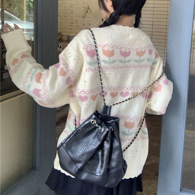 Damen Strickjacke mit blumigem Muster und lockerer Passform Drune