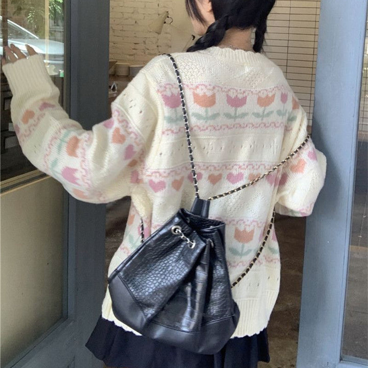 Damen Strickjacke mit blumigem Muster und lockerer Passform Drune
