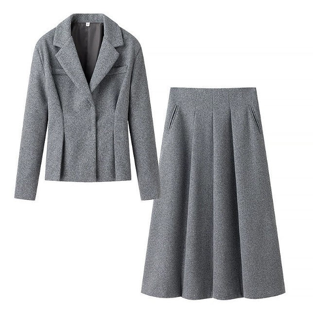 Damen 100+ tailliertes Wollmix-Blazer‑Set mit ausgestelltem Midirock Drune