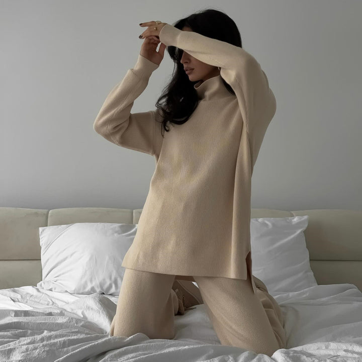 Damen Feiner Rippstrick-Loungewear-Set mit Stehkragen, Seitenschlitzen und hoher Taille Drune