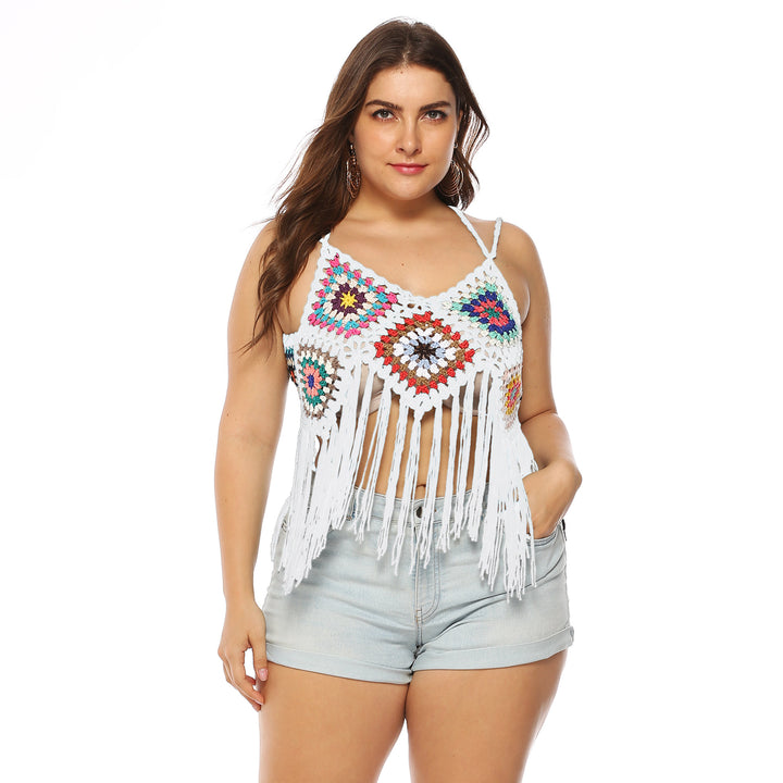 Damen gehäkeltes Crop-Top mit buntem Fransen-Design Drune