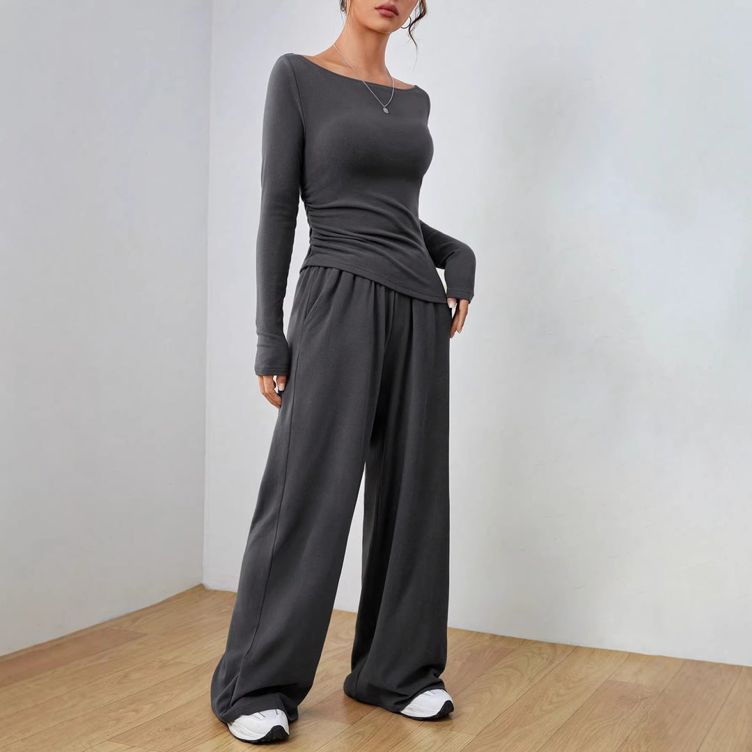 Damen Lässiges Two‑Piece Lounge‑Set mit U‑Boot‑Ausschnitt, taillierter Drapierung und weitem Palazzohose Drune