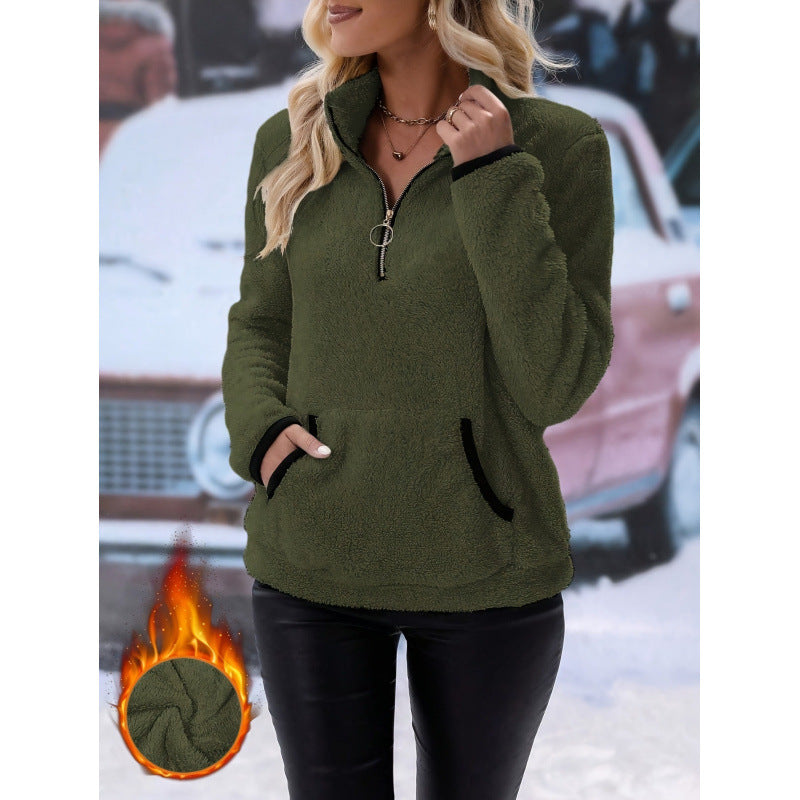 Damen Weicher Teddy-Pullover im lässigen Look mit halben Reißverschluss Drune
