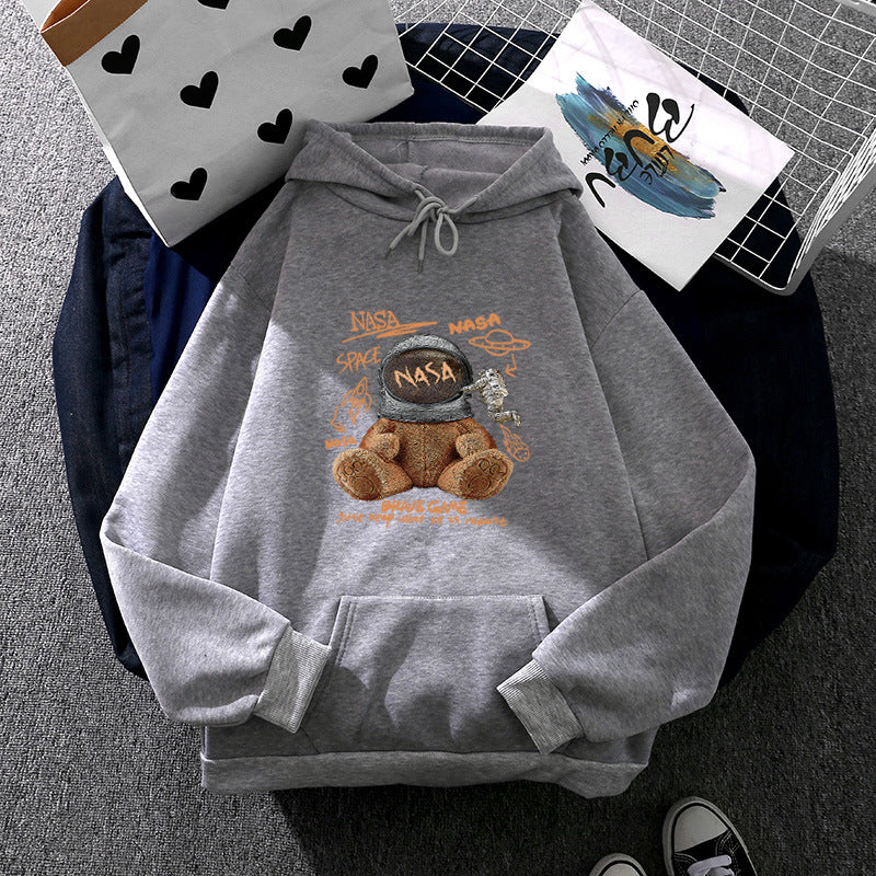 Damen nan lässiger Hoodie mit Astronauten‑Teddy‑Print, Kängurutasche und weichem Fleece-Innenfutter Drune