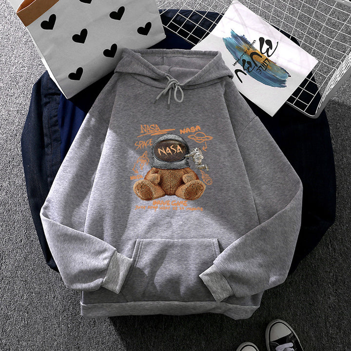 Damen nan lässiger Hoodie mit Astronauten‑Teddy‑Print, Kängurutasche und weichem Fleece-Innenfutter Drune