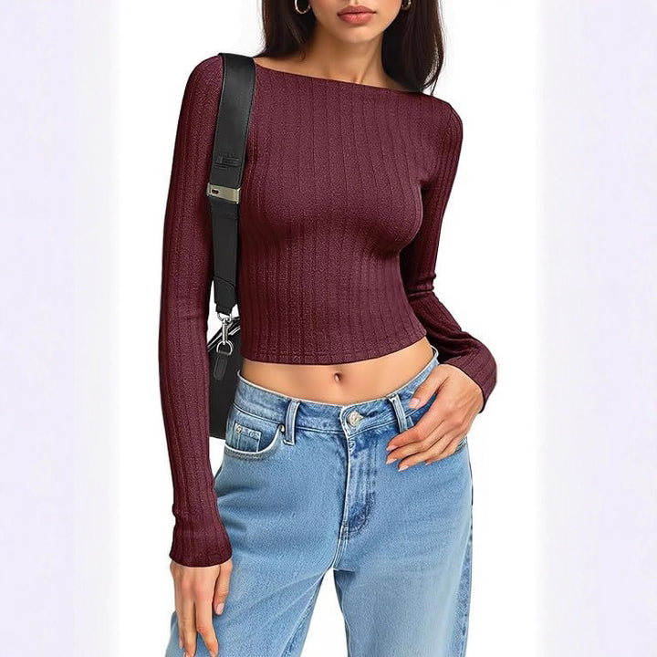 Damen Tailliertes Ripp-Cropped-Longsleeve mit U-Boot-Ausschnitt und Stretch-Baumwollmix Drune