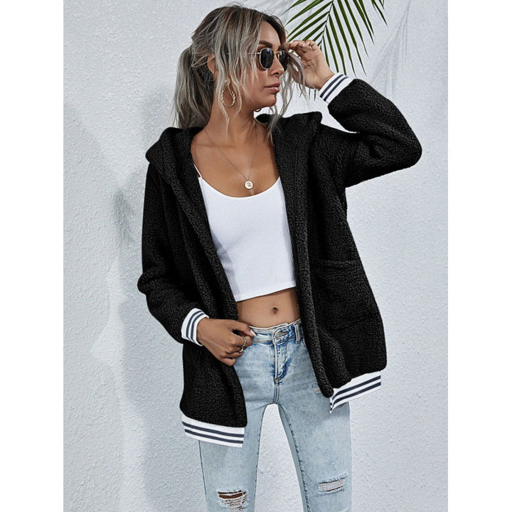 Damen Teddy‑Fleece Kapuzenjacke mit kontrastierenden Bündchen und aufgesetzten Taschen Drune