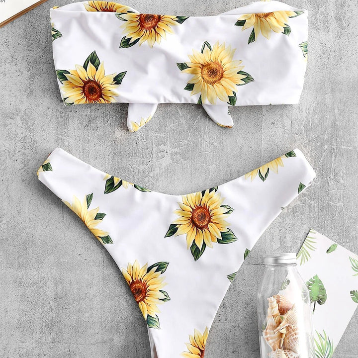 Damen Bandeau-Bikini mit floralem Design und praktischen Knoten Drune