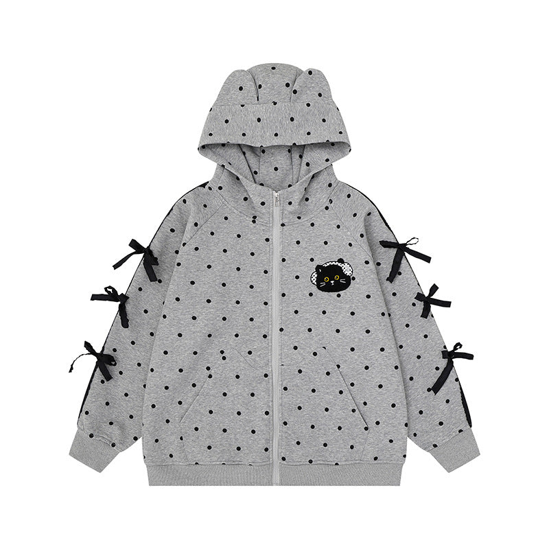 Damen Kapuzen‑Sweatjacke mit Punkte‑Allover, Katzen‑Patch, Schleifenärmeln und Ohrenkapuze Drune