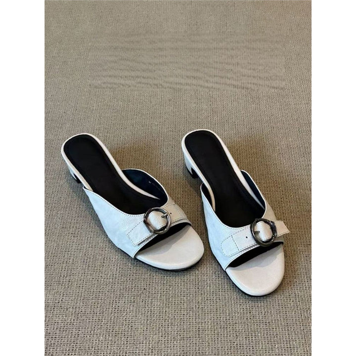 Damen Slip-On Mules mit niedrigem Blockabsatz und Zier-Ringschnalle Drune