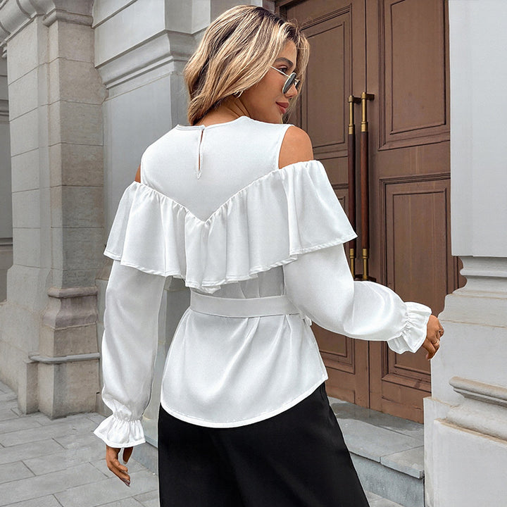 Damen Elegant-Volant-Bluse mit Cut-Out-Schulter und Bindegürtel Drune