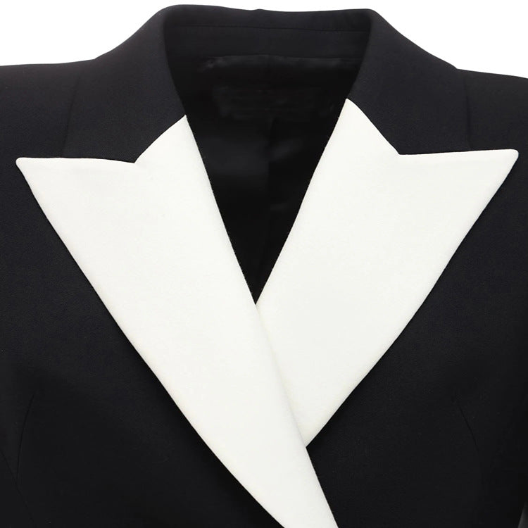 Damen tailliertes Blazerkleid‑Mantel mit kontrastierendem Schalkragen und ausgestelltem Rockteil Drune