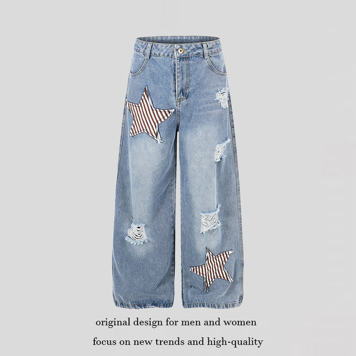 Damen weite hochgeschnittene Jeans mit Stern-Applikationen und Destroy-Effekt Drune