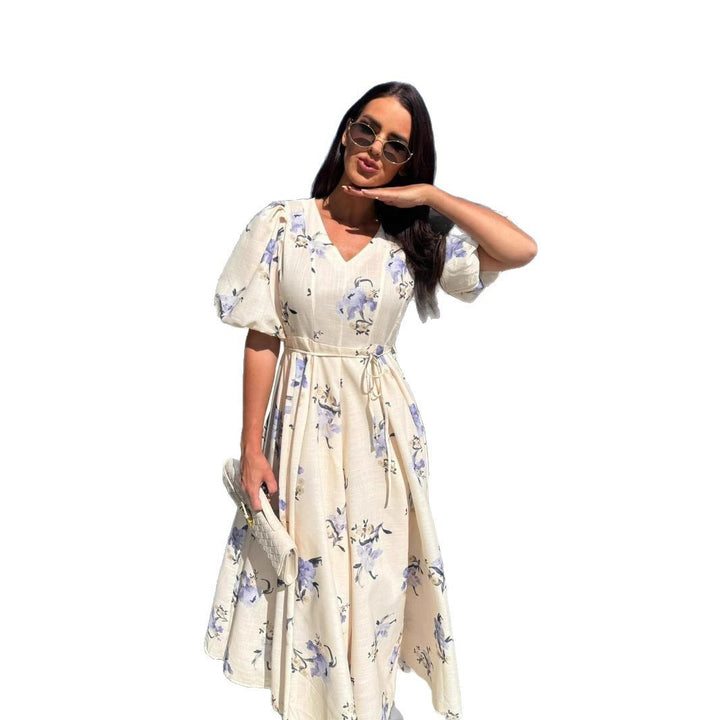 Damen Maxikleid mit elegantem V-Ausschnitt und voluminösen Puffärmeln Drune