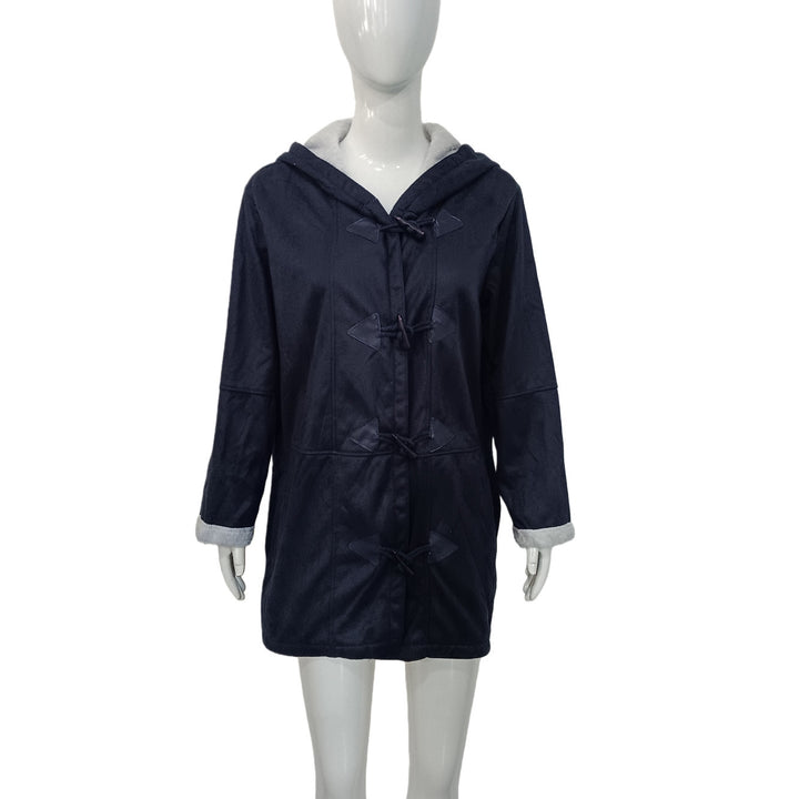 Damen Kapuzen-Dufflecoat mit Kunstfellbesatz und KnDruneelverschlüssen Drune