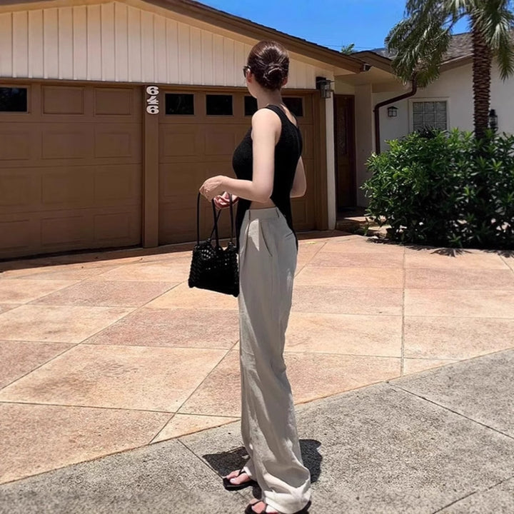 Damen Weite Leinenmix-Hose mit hoher Taille, Bügelfalte und Eingrifftaschen Drune