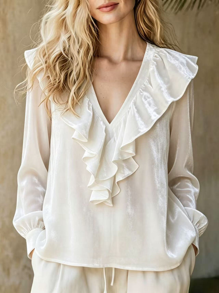 Damen Rüschige V-Ausschnitt-Bluse aus Chiffon mit Volantkragen und elastischen Manschetten Drune