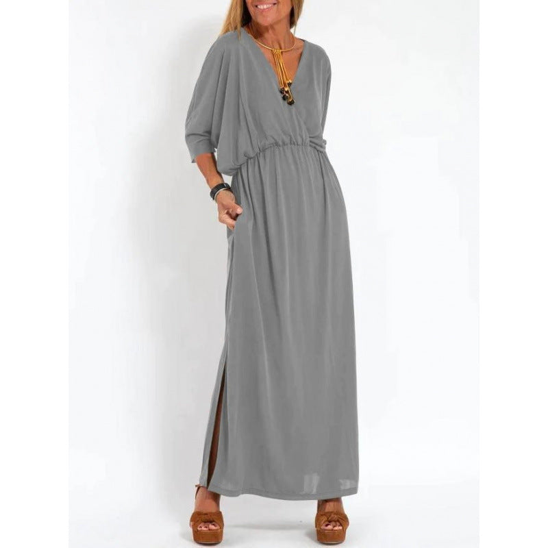 Damen lässiges Maxikleid mit V-Ausschnitt und seitlichen Schlitzen Drune
