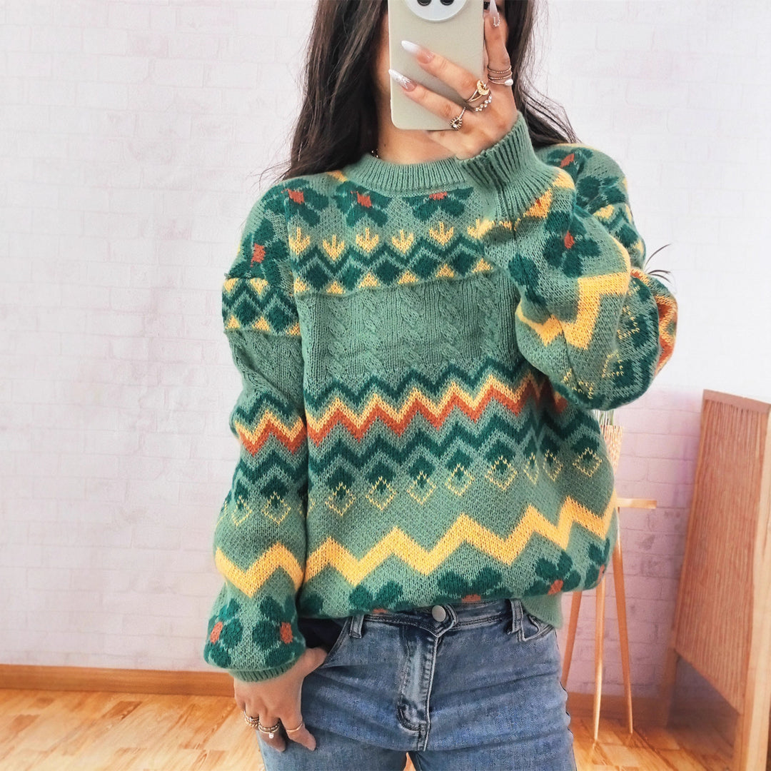 Damen Grobstrickpullover mit buntem geometrischen Muster Drune