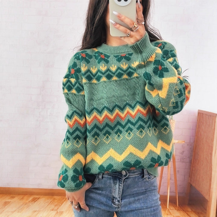Damen Grobstrickpullover mit buntem geometrischen Muster Drune