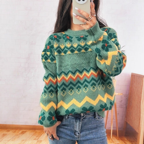 Damen Grobstrickpullover mit buntem geometrischen Muster Drune