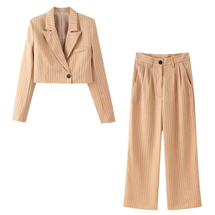 Damen zweiteiliges Nadelstreifen-Cropped-Blazer und High-Waist-Weitbein-Hosen-Set Drune