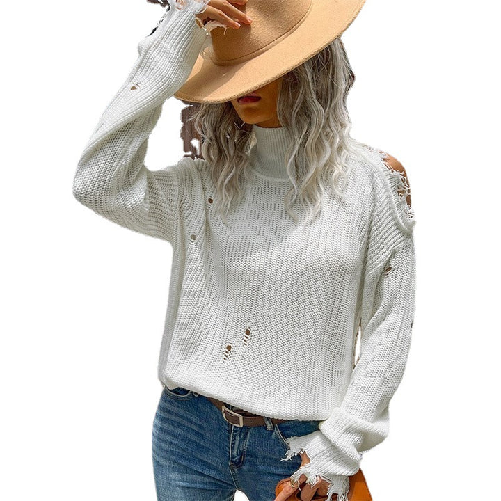 Damen Oversize Strickpullover im Destroyed-Look mit Rollkragen und Cut-Out-Schultern Drune