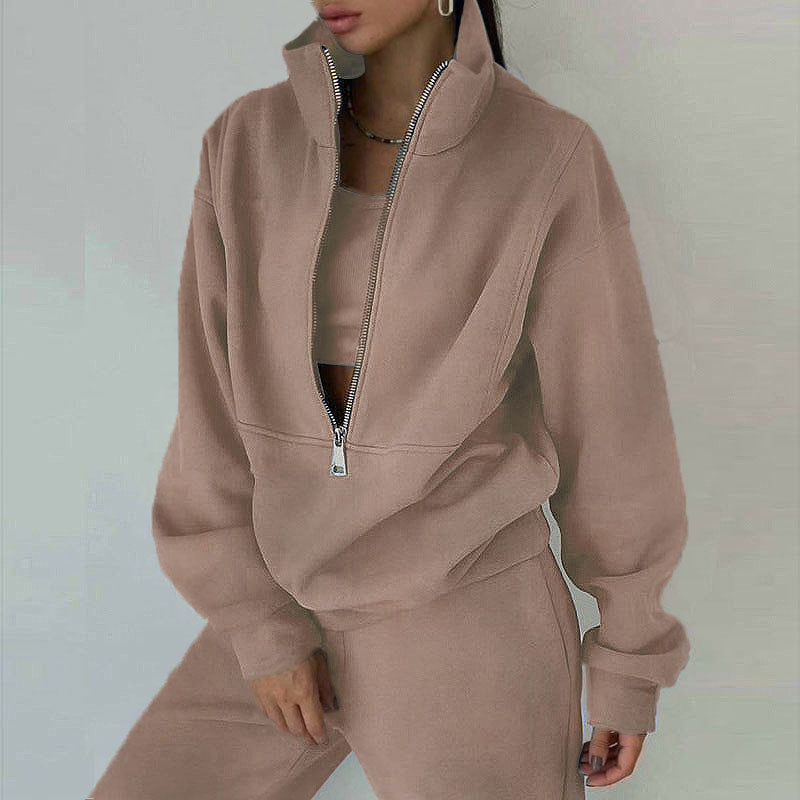 Damen nan kurzes Halbzip-Sweatshirt-und-Jogginghose-Set mit Stehkragen, oversized Schnitt und weichem French-Terry Drune