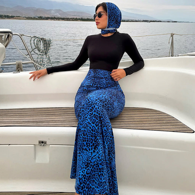 Damen Maxikleid mit trendigem Leopardenmuster und schickem Schal Drune