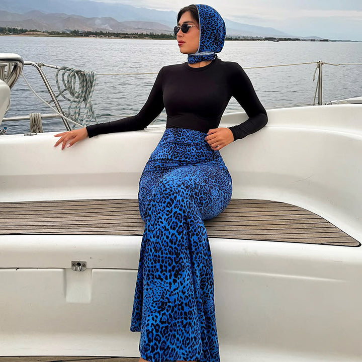 Damen Maxikleid mit trendigem Leopardenmuster und schickem Schal Drune