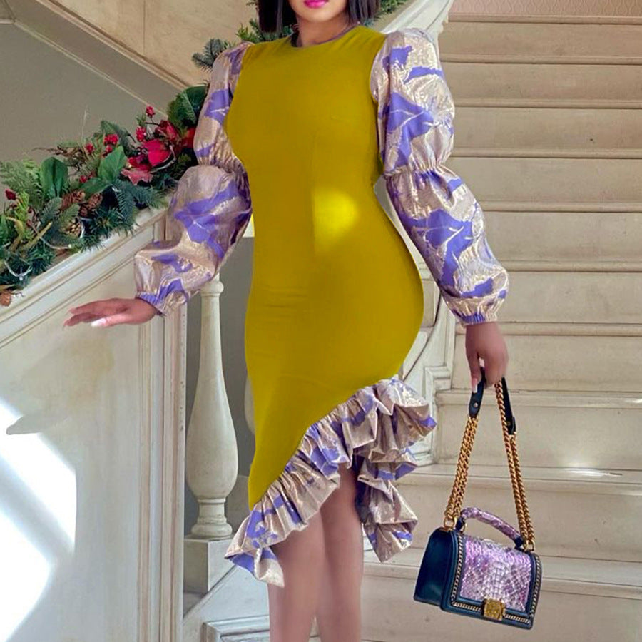 Damen Rüschenkleid mit eleganten Puffärmeln und asymmetrischem Saum Drune