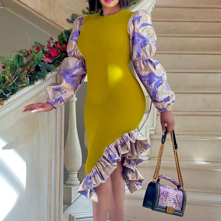 Damen Rüschenkleid mit eleganten Puffärmeln und asymmetrischem Saum Drune