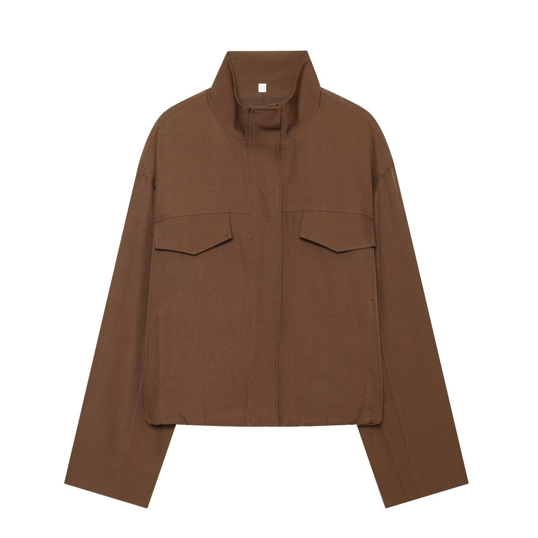 Damen Boxy Cropped Utility-Jacke mit hohem Stehkragen und Pattentaschen Drune